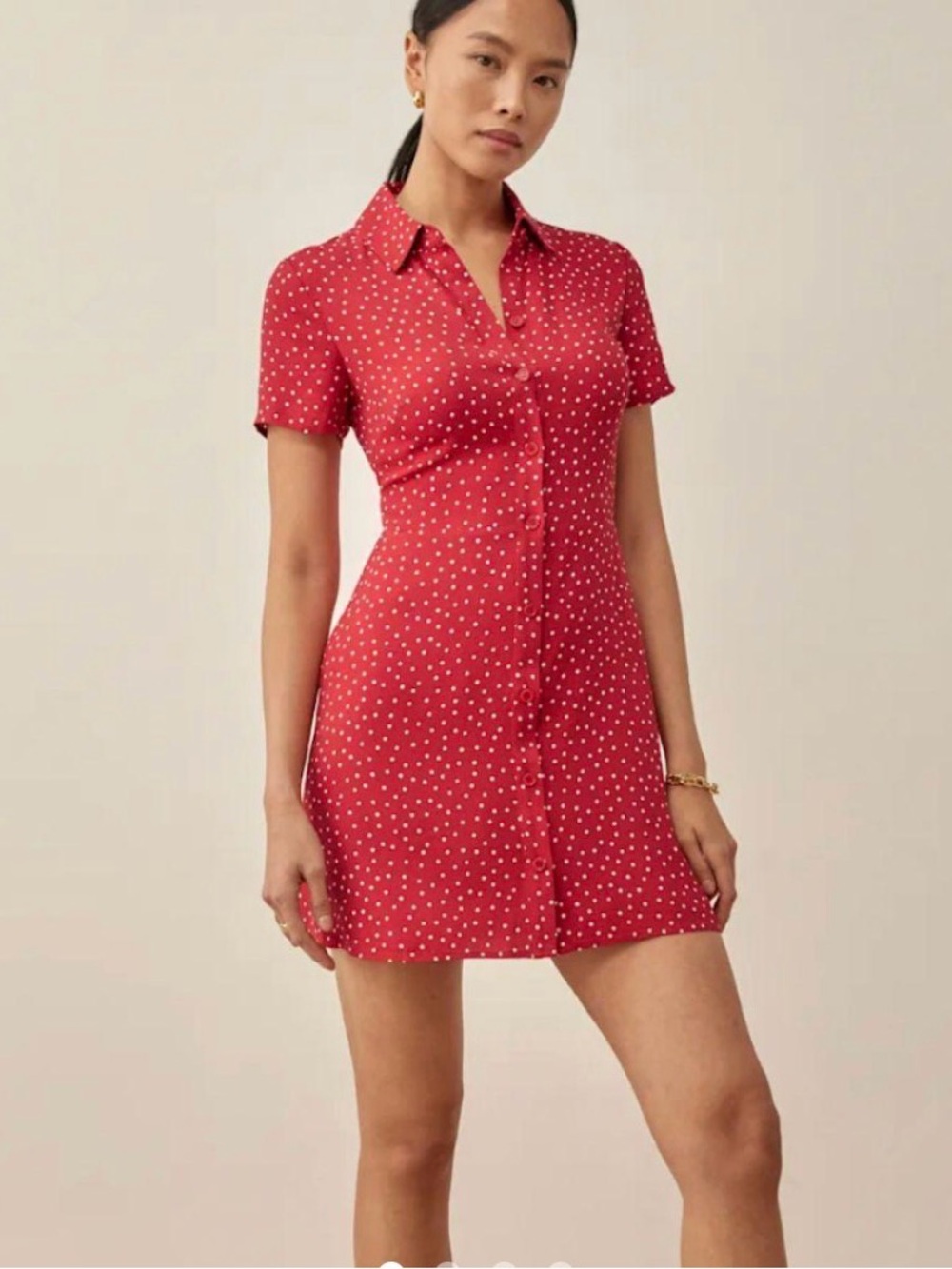 Reformation Red Polka Dot Mini Shirt Dress